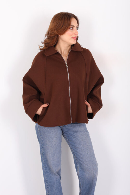 Yarasa Kol Fermuarlı Kahverengi Kadın Kaşe Ceket - 3