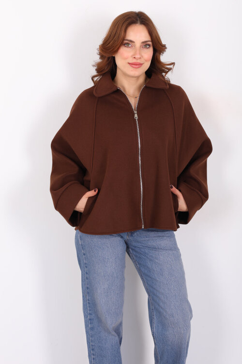 Yarasa Kol Fermuarlı Kahverengi Kadın Kaşe Ceket - 6