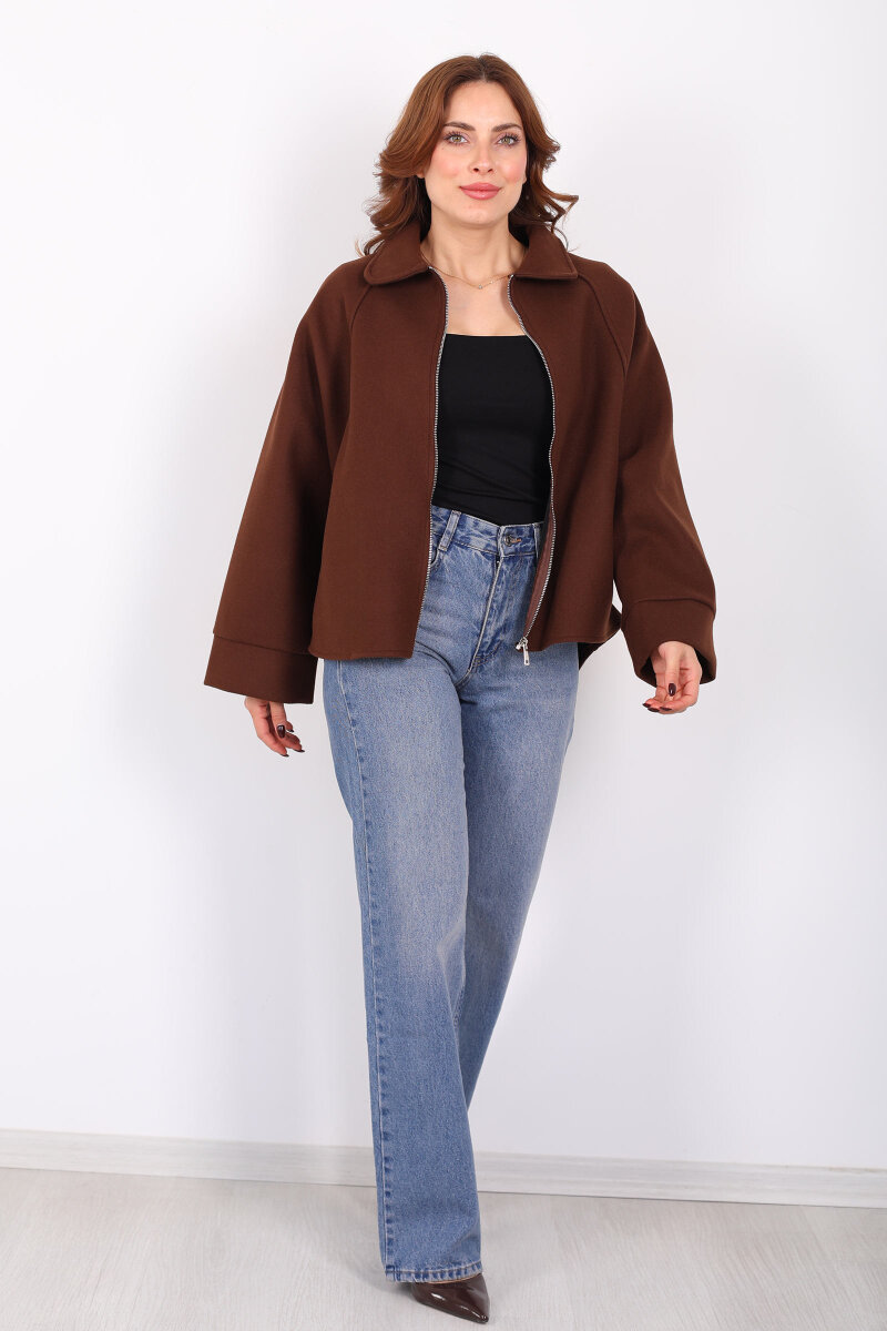 Yarasa Kol Fermuarlı Kahverengi Kadın Kaşe Ceket - 4