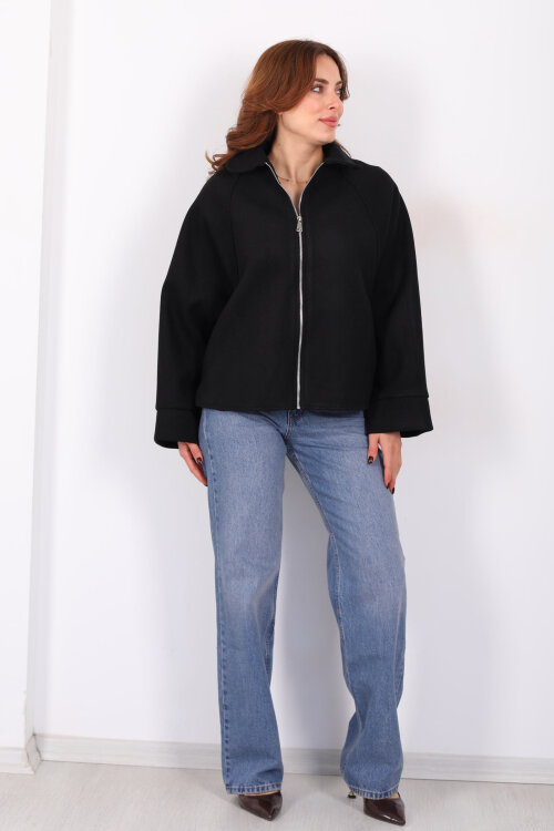 Yarasa Kol Fermuarlı Siyah Kadın Kaşe Ceket - 5