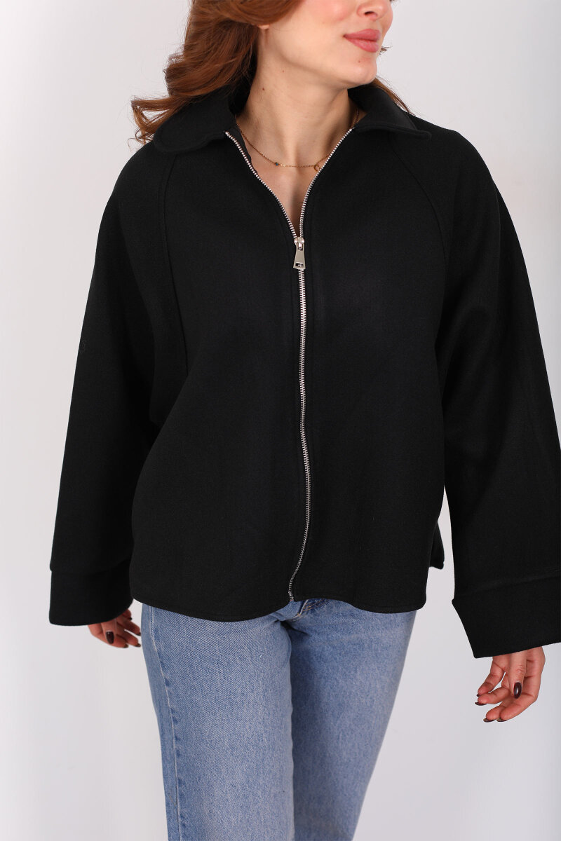 Yarasa Kol Fermuarlı Siyah Kadın Kaşe Ceket - 2