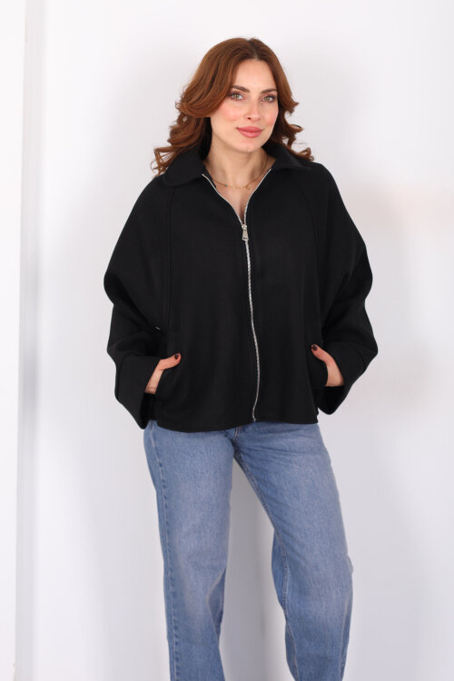 Yarasa Kol Fermuarlı Siyah Kadın Kaşe Ceket - Berox