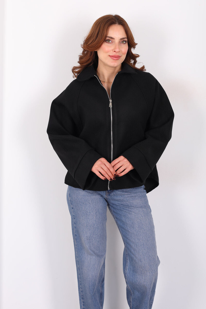 Yarasa Kol Fermuarlı Siyah Kadın Kaşe Ceket - 4