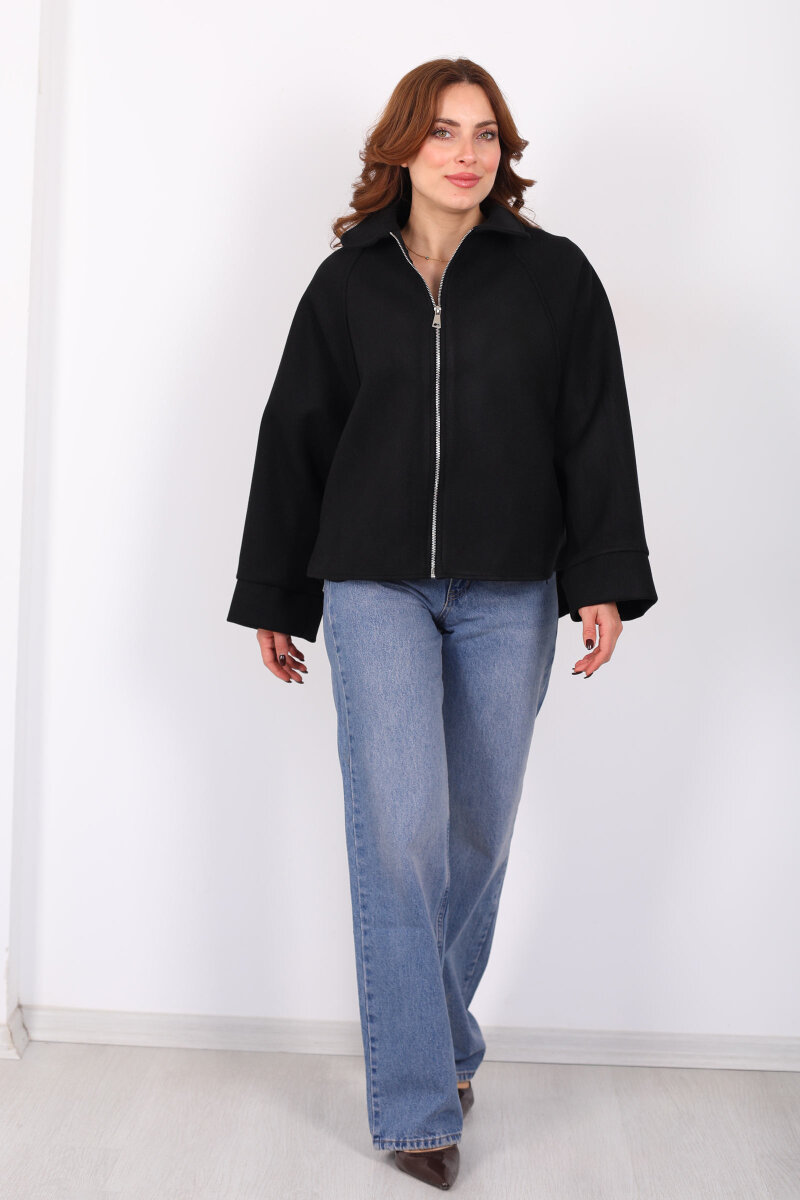 Yarasa Kol Fermuarlı Siyah Kadın Kaşe Ceket - 3