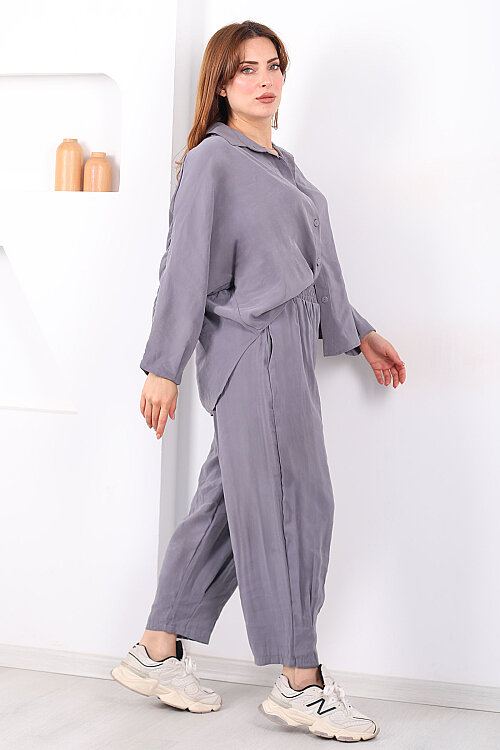 Yarasa Kol Gömlek Cepli Antrasit Kadın Şalvar Takım - 4