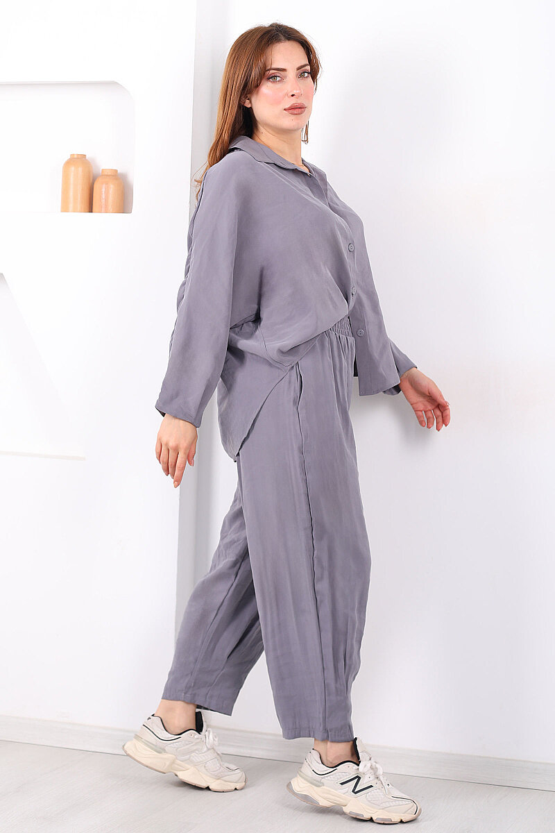 Yarasa Kol Gömlek Cepli Antrasit Kadın Şalvar Takım - 4