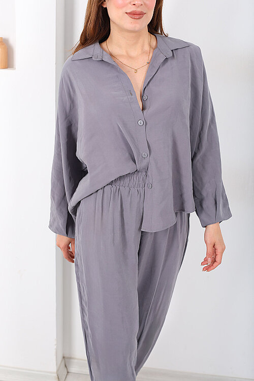 Yarasa Kol Gömlek Cepli Antrasit Kadın Şalvar Takım - Berox (1)