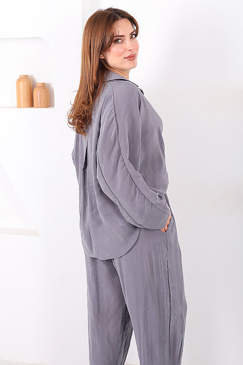 Yarasa Kol Gömlek Cepli Antrasit Kadın Şalvar Takım - 6