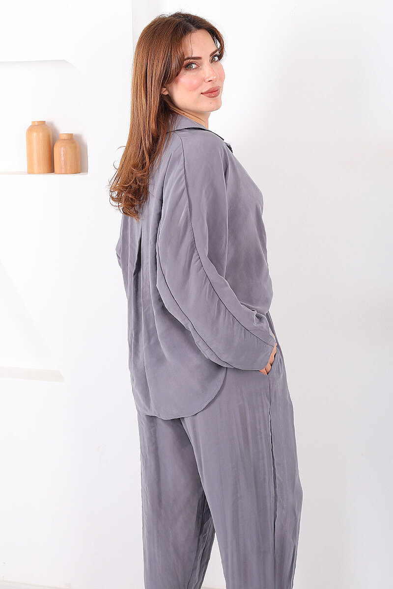 Yarasa Kol Gömlek Cepli Antrasit Kadın Şalvar Takım - 6