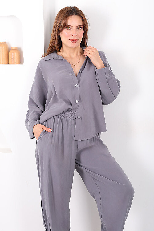 Yarasa Kol Gömlek Cepli Antrasit Kadın Şalvar Takım - 3