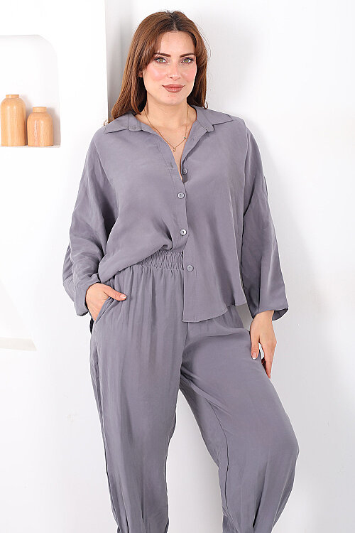 Yarasa Kol Gömlek Cepli Antrasit Kadın Şalvar Takım - 7