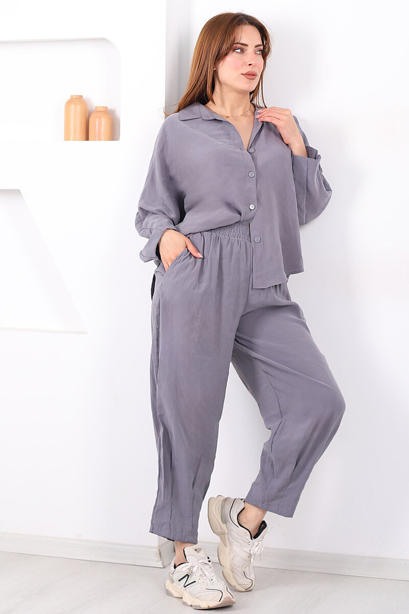 Yarasa Kol Gömlek Cepli Antrasit Kadın Şalvar Takım - 1