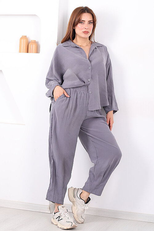 Yarasa Kol Gömlek Cepli Antrasit Kadın Şalvar Takım - 5