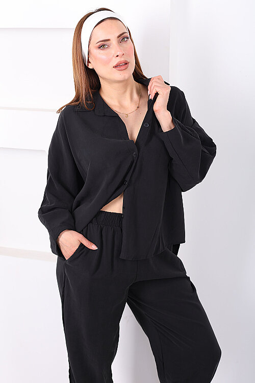 Yarasa Kol Gömlek Cepli Siyah Kadın Şalvar Takım - 6