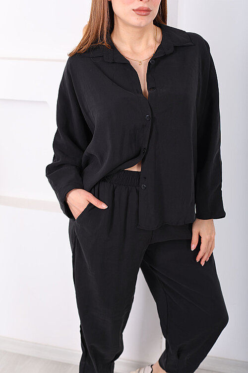Yarasa Kol Gömlek Cepli Siyah Kadın Şalvar Takım - 2