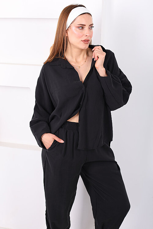 Yarasa Kol Gömlek Cepli Siyah Kadın Şalvar Takım 
