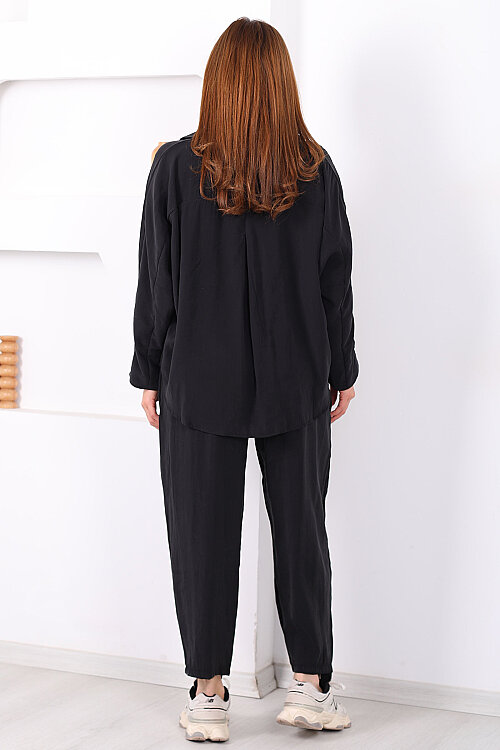 Yarasa Kol Gömlek Cepli Siyah Kadın Şalvar Takım - 5