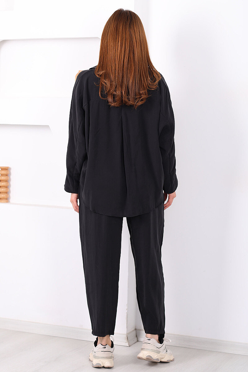 Yarasa Kol Gömlek Cepli Siyah Kadın Şalvar Takım - 5