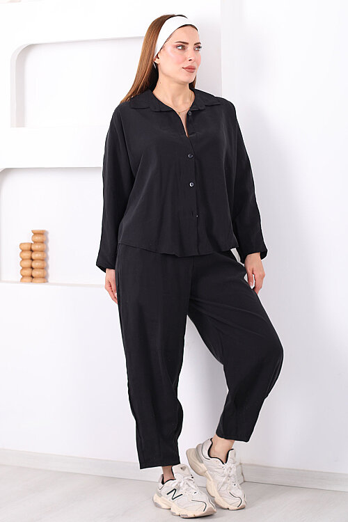 Yarasa Kol Gömlek Cepli Siyah Kadın Şalvar Takım - 3