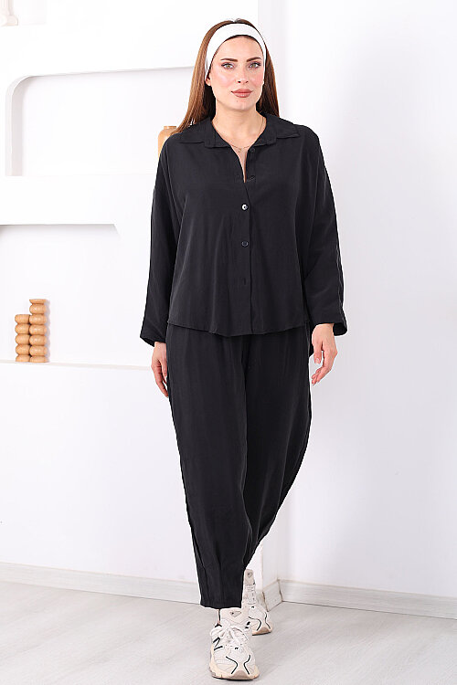 Yarasa Kol Gömlek Cepli Siyah Kadın Şalvar Takım - 7