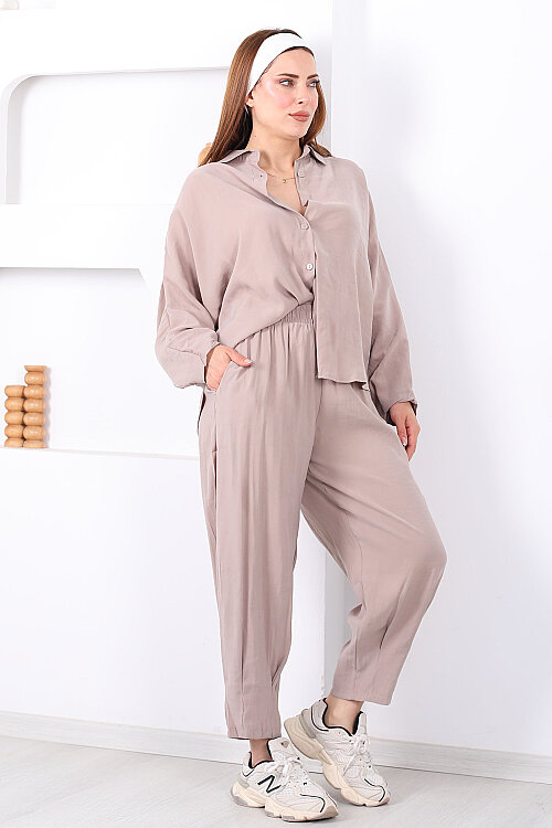 Yarasa Kol Gömlek Cepli Taş Rengi Kadın Şalvar Takım - 5