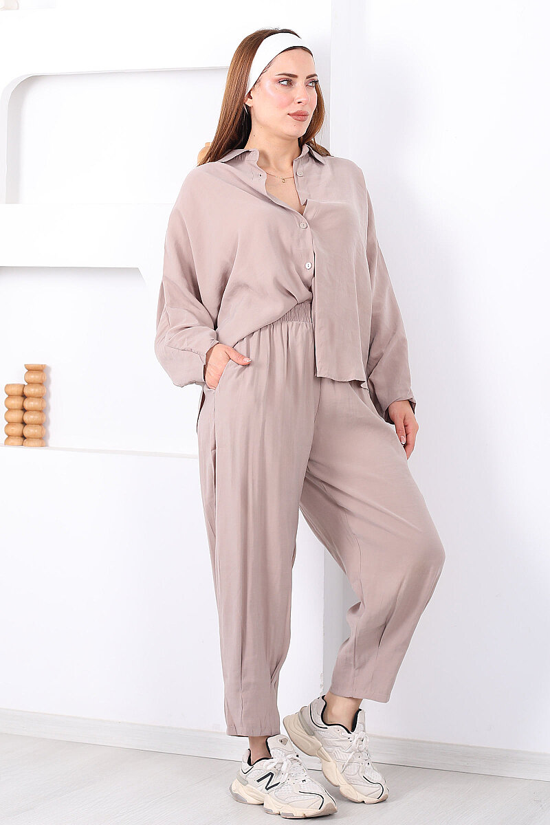 Yarasa Kol Gömlek Cepli Taş Rengi Kadın Şalvar Takım - 5