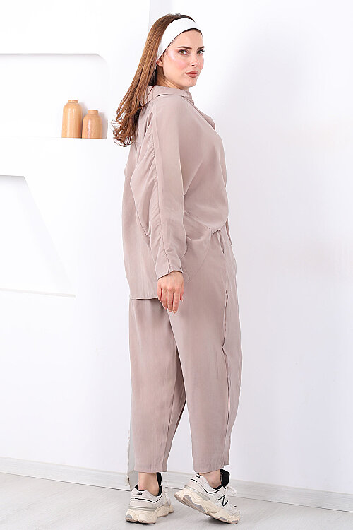 Yarasa Kol Gömlek Cepli Taş Rengi Kadın Şalvar Takım - 2