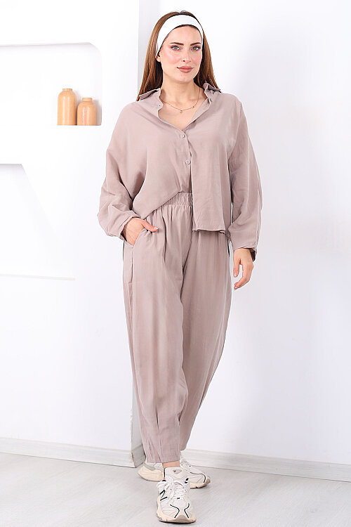 Yarasa Kol Gömlek Cepli Taş Rengi Kadın Şalvar Takım - 3