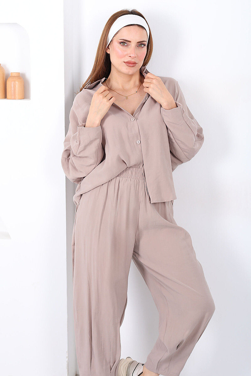 Yarasa Kol Gömlek Cepli Taş Rengi Kadın Şalvar Takım - 1