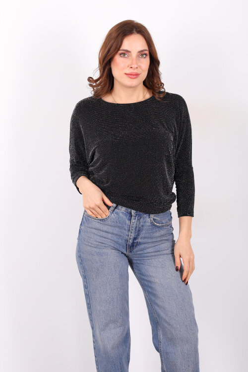Yarasa Kol Kadın Simli Siyah Bluz - 5
