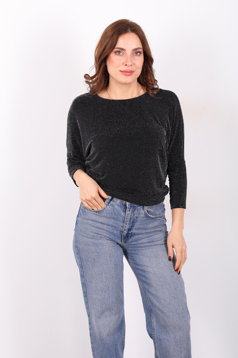 Yarasa Kol Kadın Simli Siyah Bluz - 5