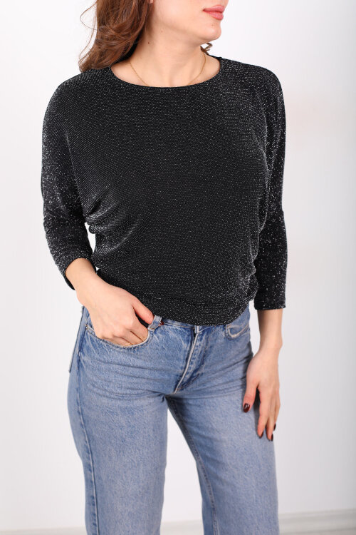 Yarasa Kol Kadın Simli Siyah Bluz - Berox (1)