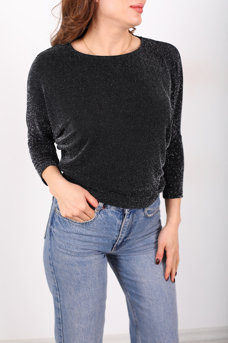 Yarasa Kol Kadın Simli Siyah Bluz - 2