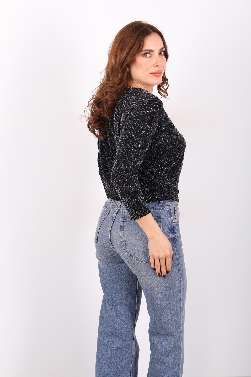 Yarasa Kol Kadın Simli Siyah Bluz - 4