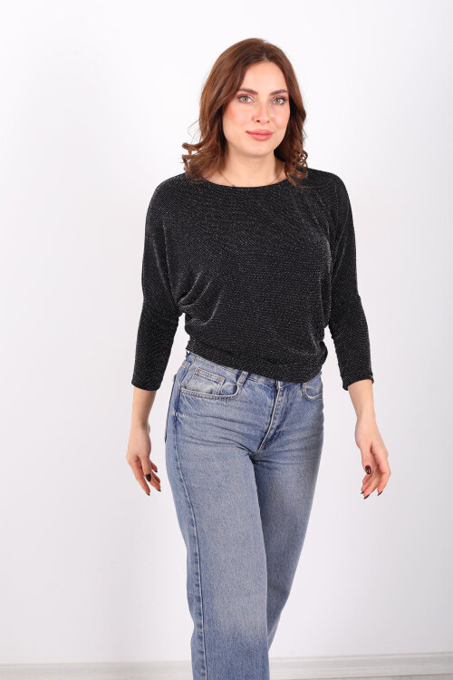Yarasa Kol Kadın Simli Siyah Bluz - Berox