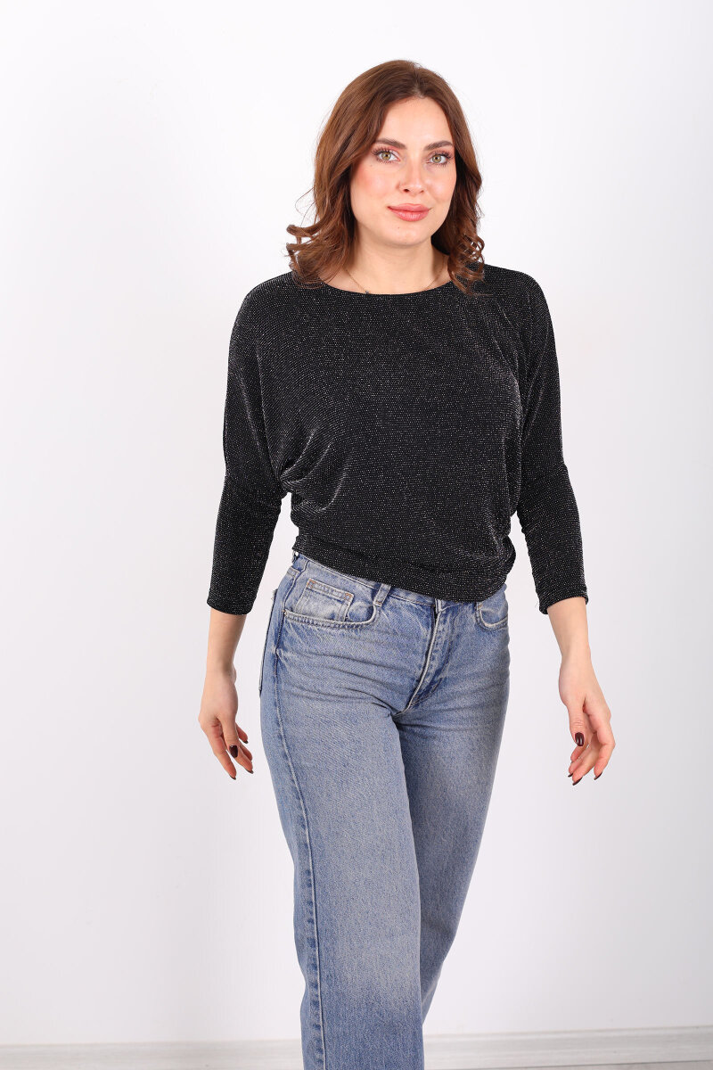 Yarasa Kol Kadın Simli Siyah Bluz - 1