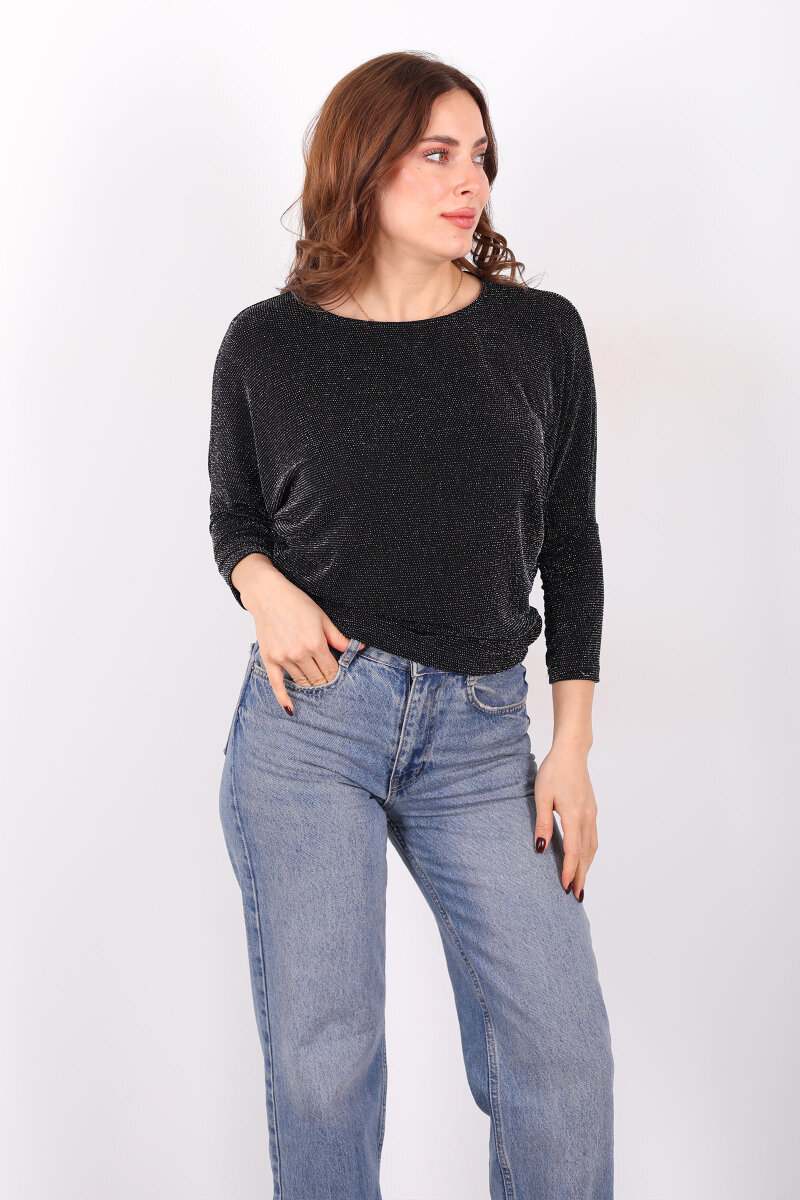 Yarasa Kol Kadın Simli Siyah Bluz - 3