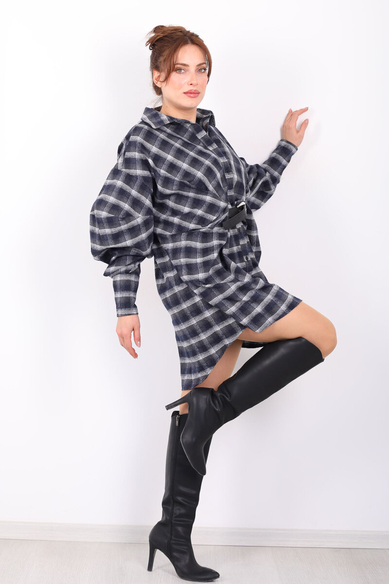 Yarasa Kol Kemerli Kadın Antrasit Ekose Gömlek Elbise - 6