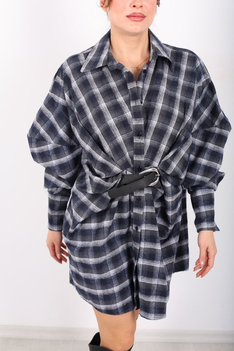 Yarasa Kol Kemerli Kadın Antrasit Ekose Gömlek Elbise - 2