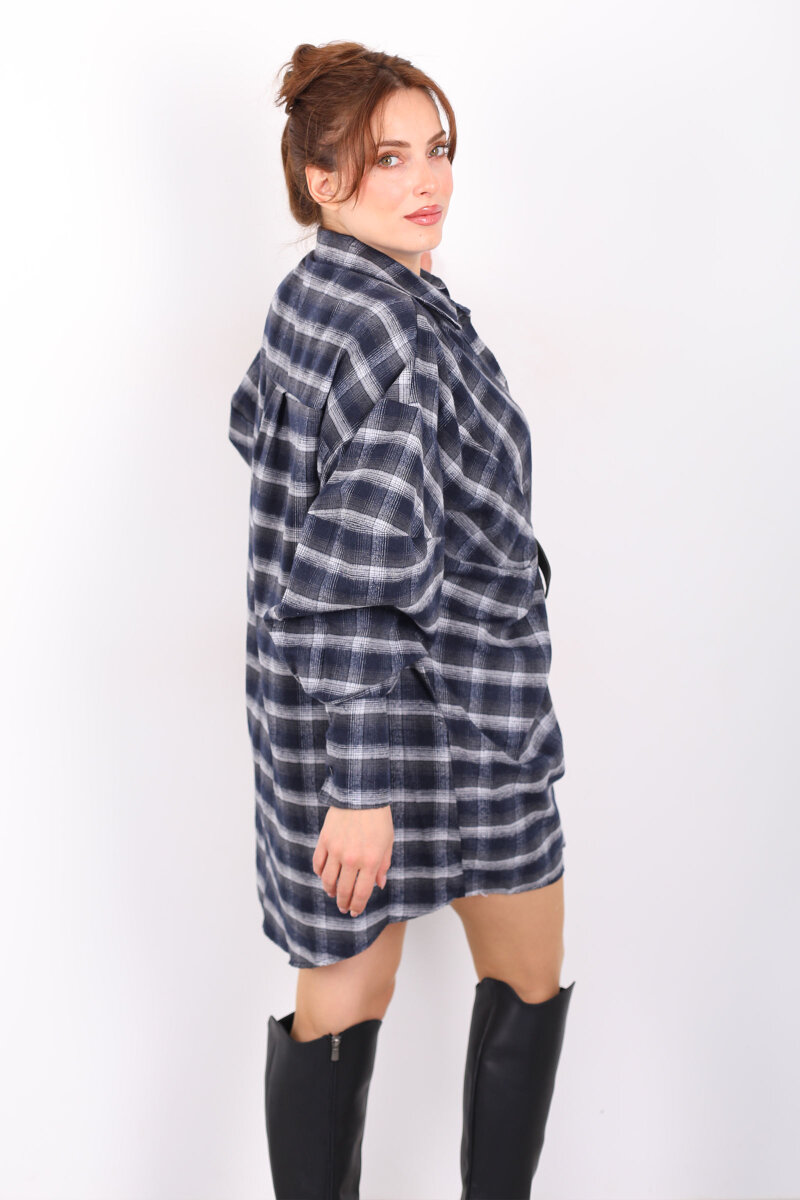 Yarasa Kol Kemerli Kadın Antrasit Ekose Gömlek Elbise - 5