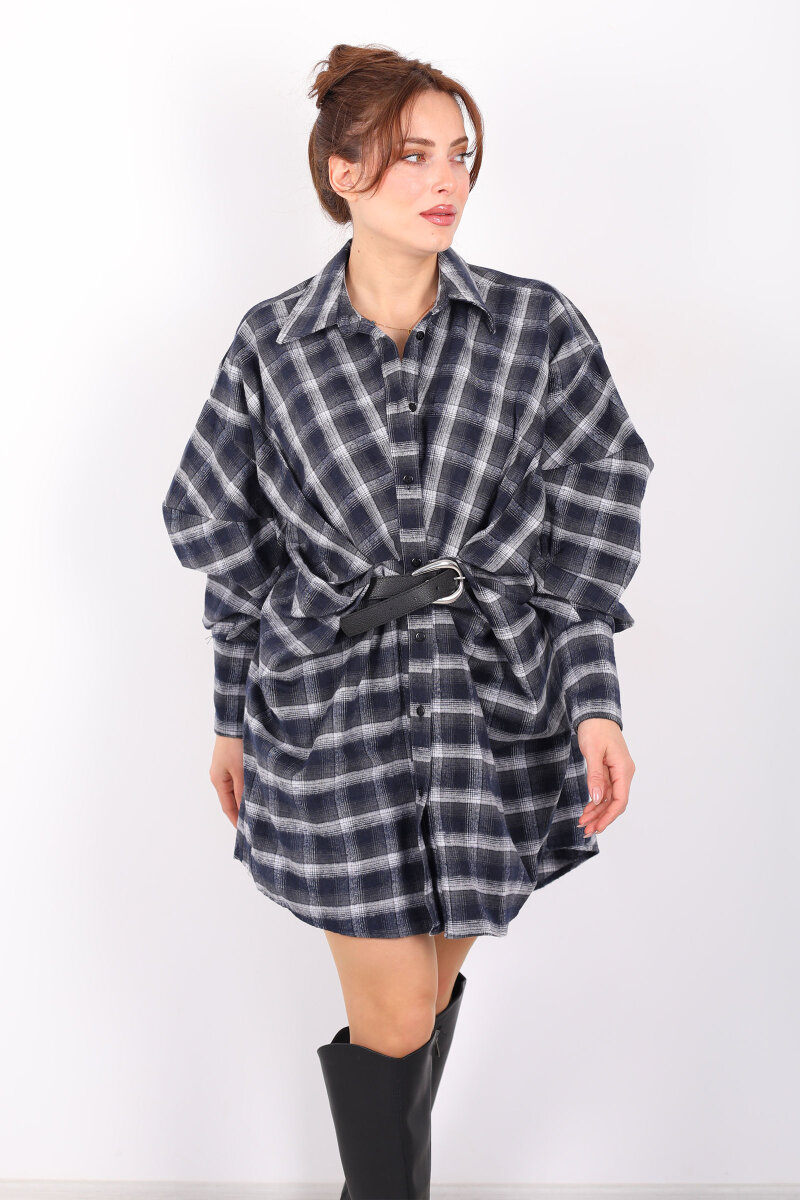 Yarasa Kol Kemerli Kadın Antrasit Ekose Gömlek Elbise - 7