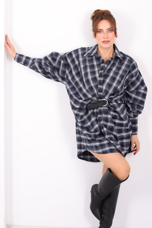 Yarasa Kol Kemerli Kadın Antrasit Ekose Gömlek Elbise - Berox