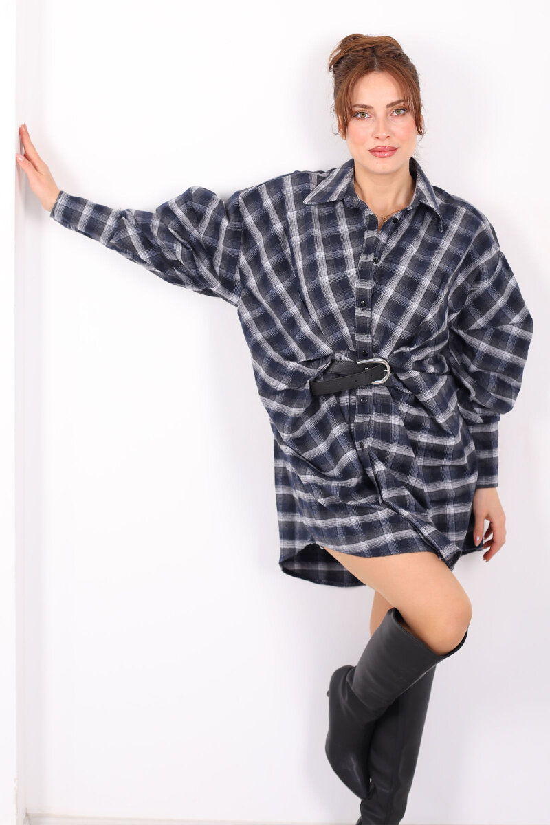 Yarasa Kol Kemerli Kadın Antrasit Ekose Gömlek Elbise - 1