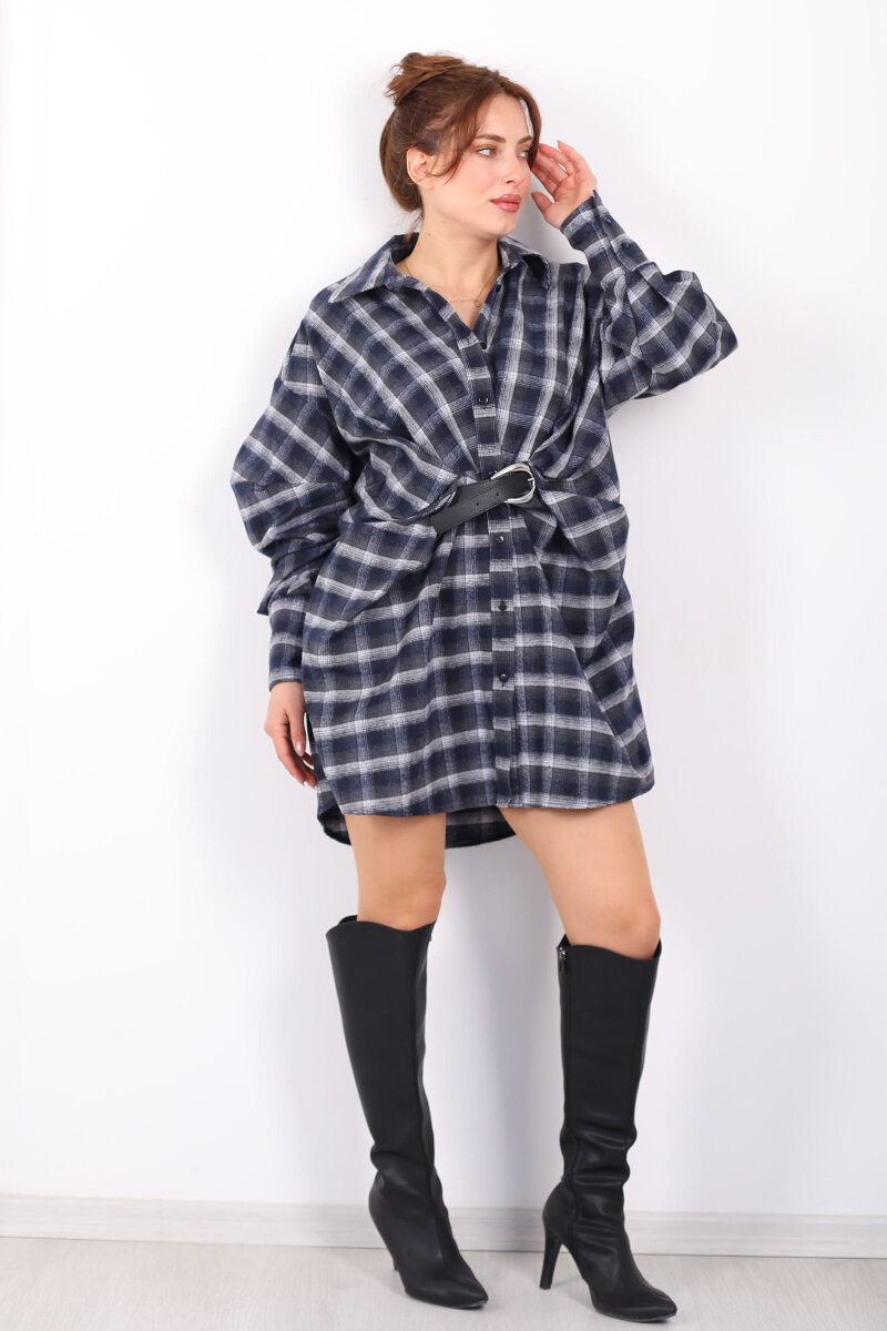 Yarasa Kol Kemerli Kadın Antrasit Ekose Gömlek Elbise - 3