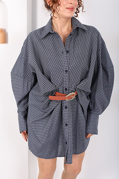 Yarasa Kol Kemerli Pötikare Desenli Kadın Antrasit Gömlek Elbise - Berox (1)