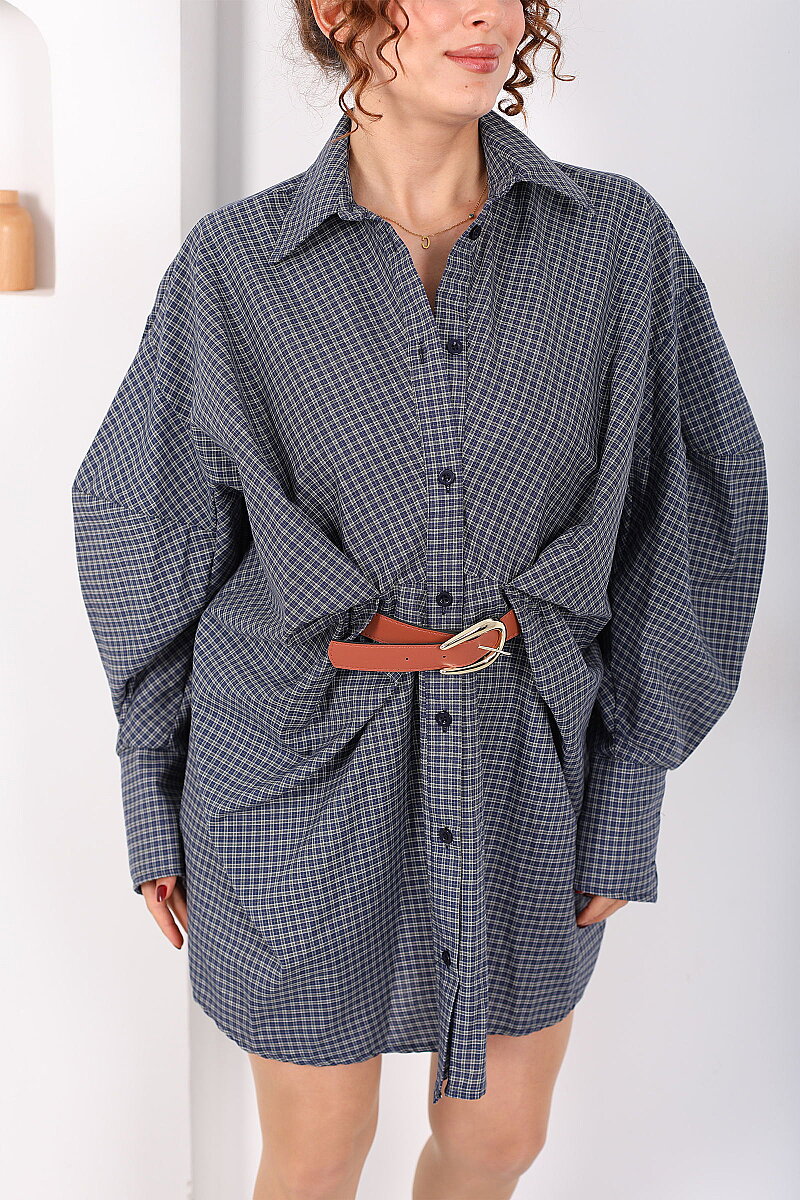 Yarasa Kol Kemerli Pötikare Desenli Kadın Antrasit Gömlek Elbise - 2