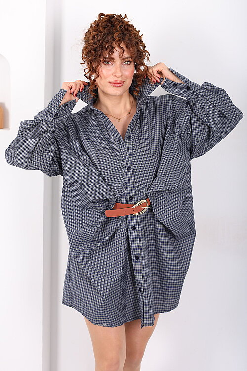 Yarasa Kol Kemerli Pötikare Desenli Kadın Antrasit Gömlek Elbise - Berox