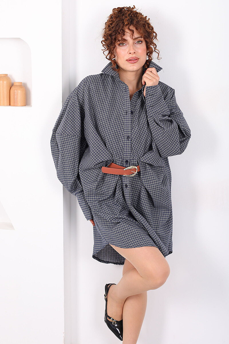 Yarasa Kol Kemerli Pötikare Desenli Kadın Antrasit Gömlek Elbise - 5