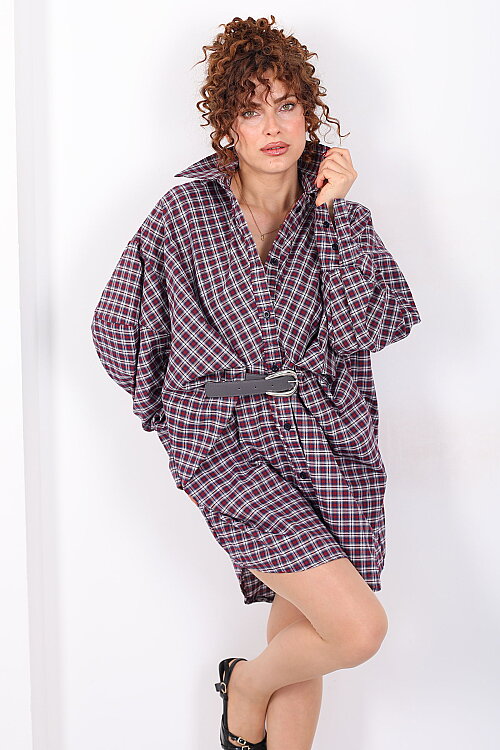 Yarasa Kol Kemerli Kadın Bordo Ekose Gömlek Elbise - Berox