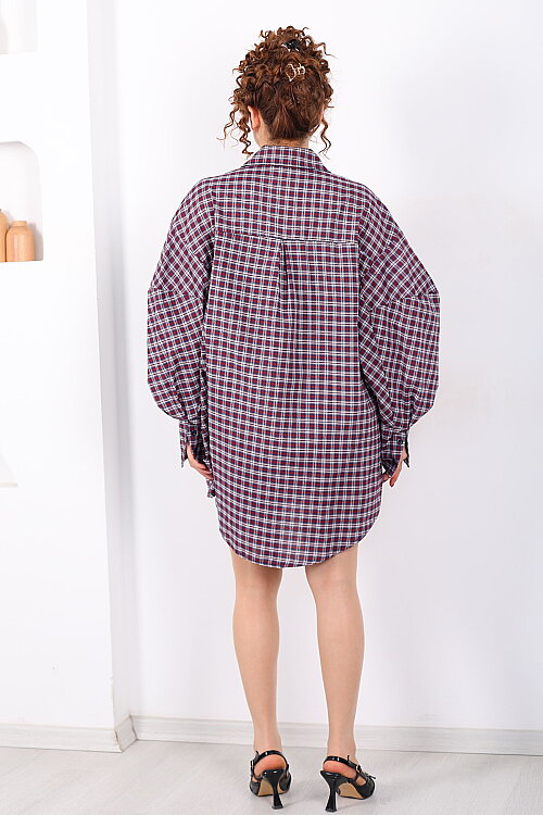 Yarasa Kol Kemerli Kadın Bordo Ekose Gömlek Elbise - 5